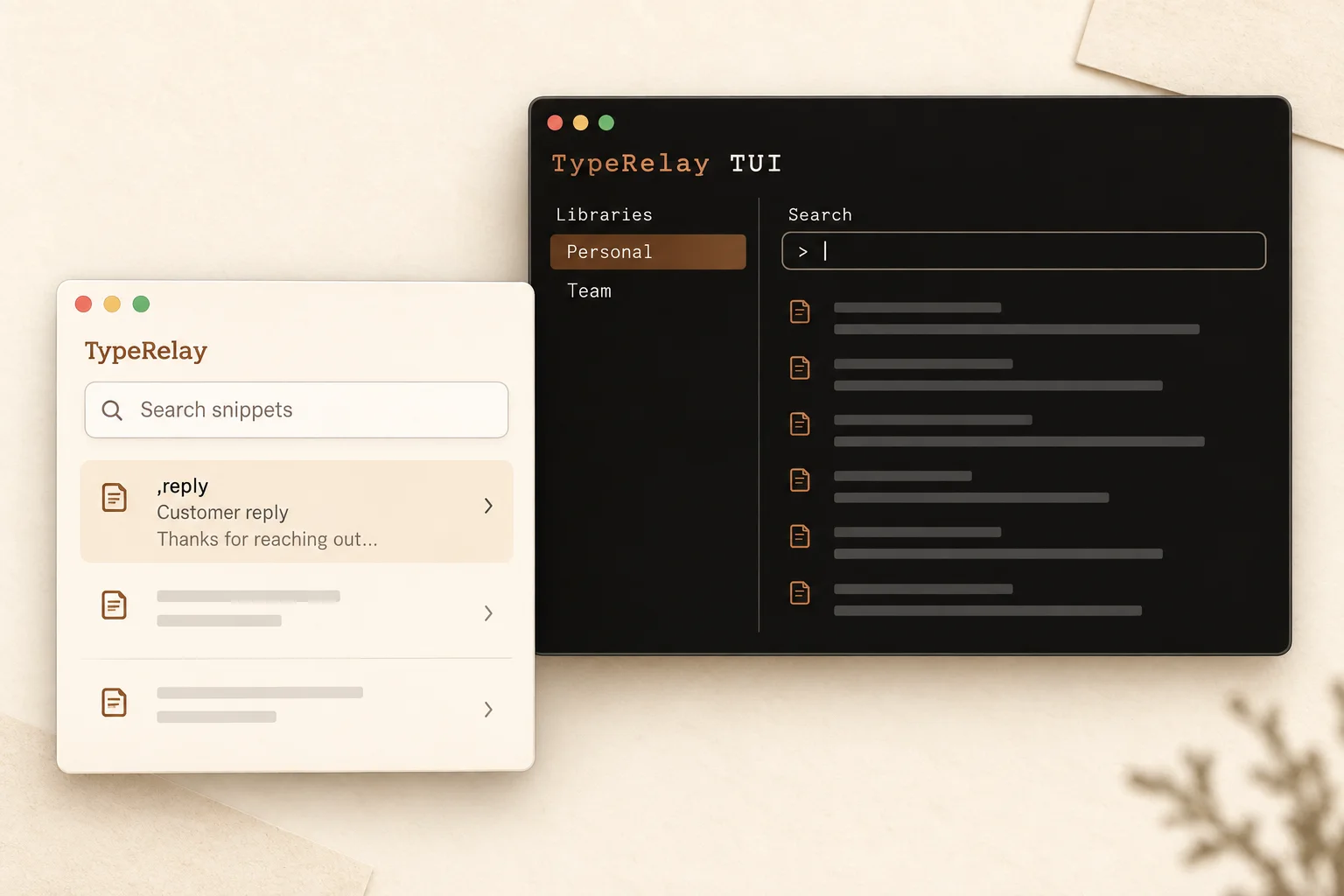 Typerelay search panel beside a terminal interface for browsing snippet libraries