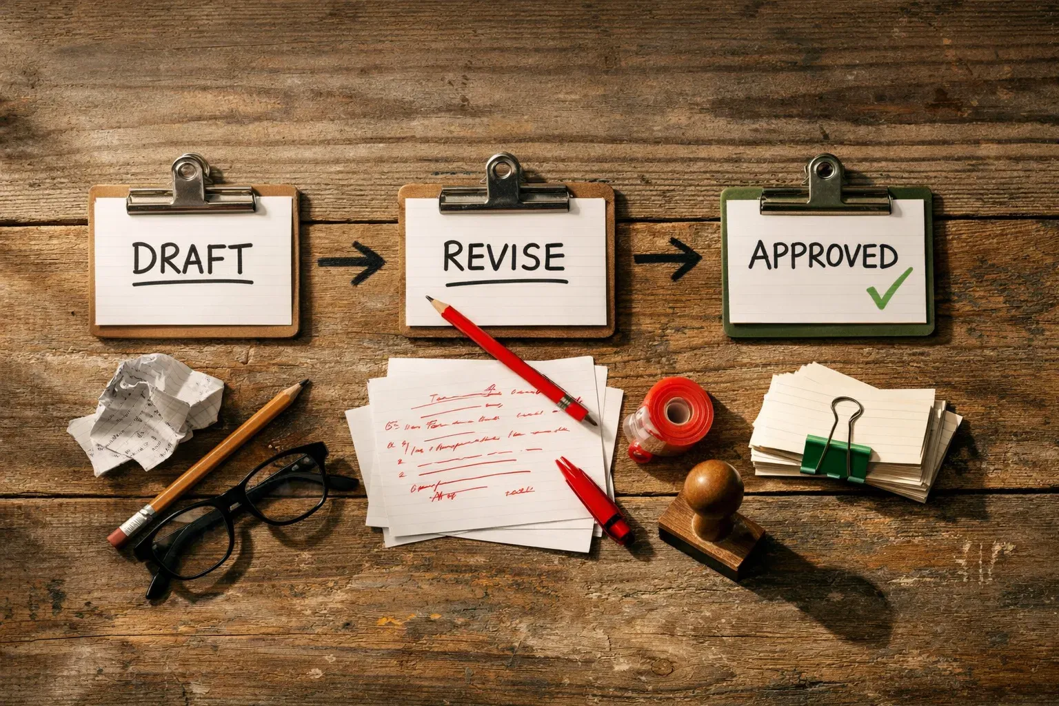 Editorial photograph illustrating The editing workflow that keeps teams aligned  The editing workflow should be simple enough that people actually use it. If updating a snippet feels harder than typing it from scra
