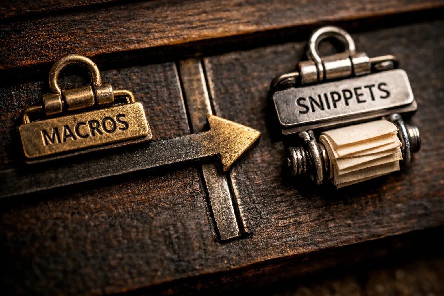 Editorial photograph illustrating Customer support macros vs shared snippets  A shared snippet is a reusable piece of text that a team can insert while writing. It might be a greeting, troubleshooting instruction, 