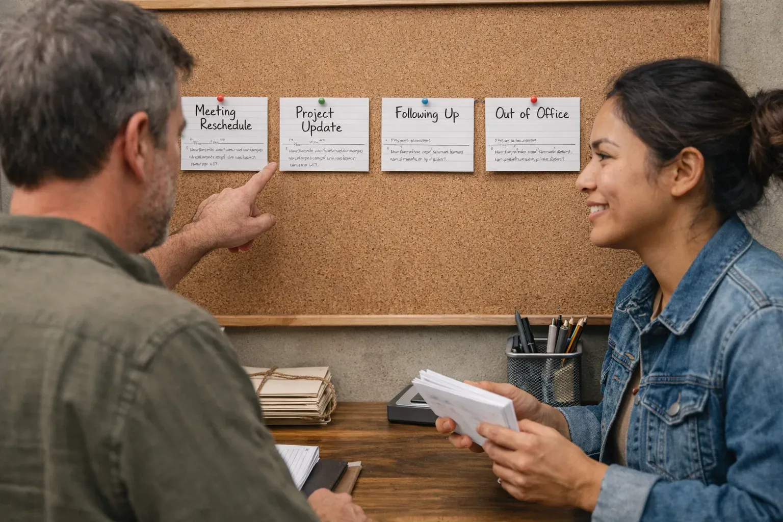 Editorial photograph illustrating Four reusable email reply examples Use these drafts as starting points. Replace the bracketed text before sending, and adjust the tone to suit your relationship with the recipient