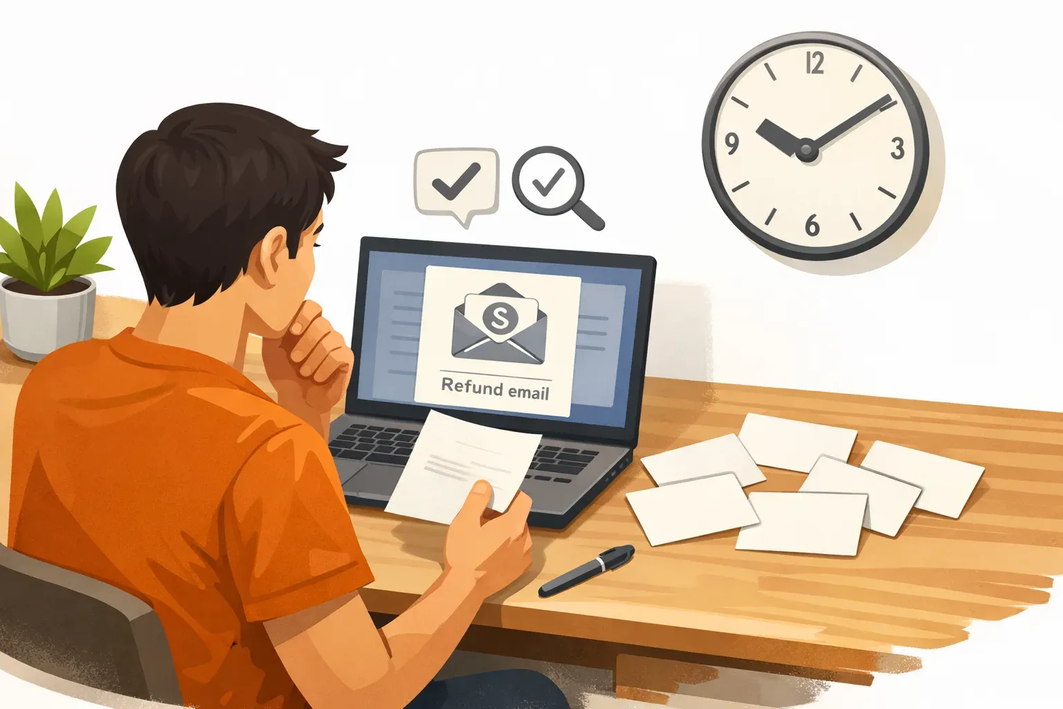 A solo founder reviews a customer refund email and checks reusable reply notes before responding.
