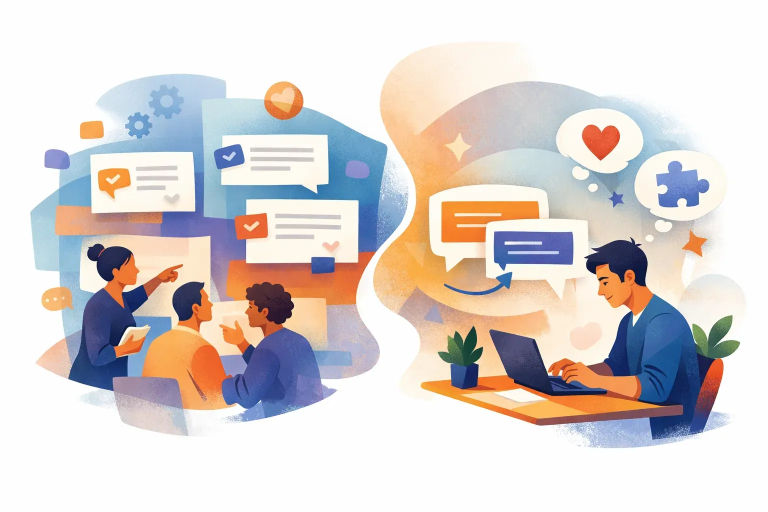 Support agents review shared response templates and personalize replies for individual customers.