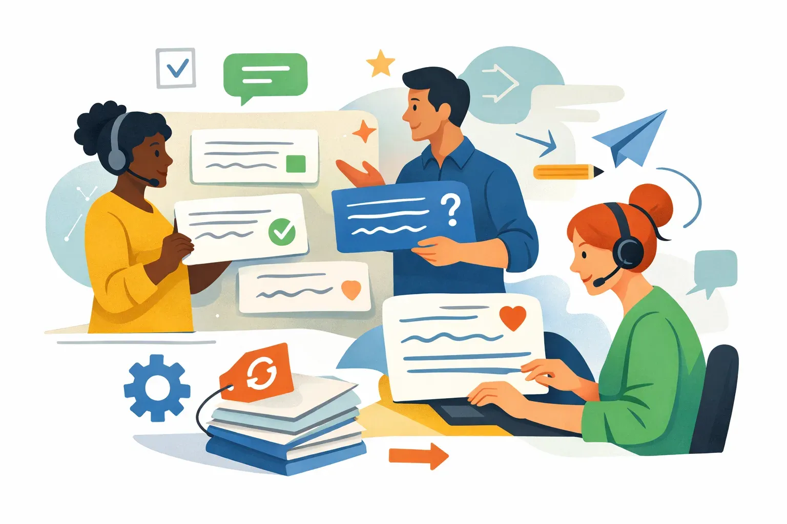 Support agents review shared reply templates and personalize a response for a customer.