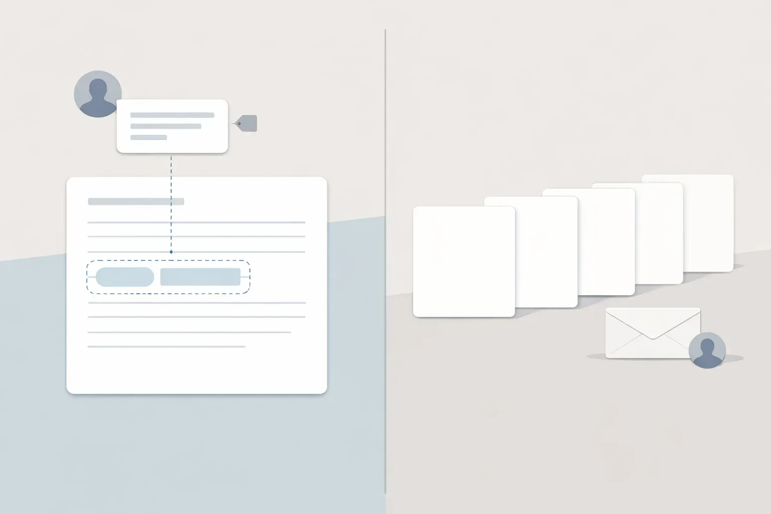 A small reusable text block joins a larger sequence of blank cards, illustrating how an email snippet can fit into a personalized reply while a full template provides the whole message.