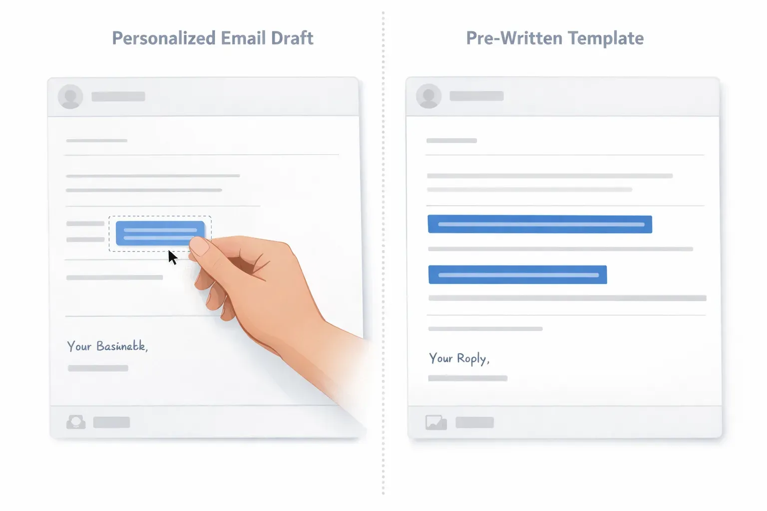 Illustration contrasting a reusable email snippet inserted into a personalized reply with a complete email template.