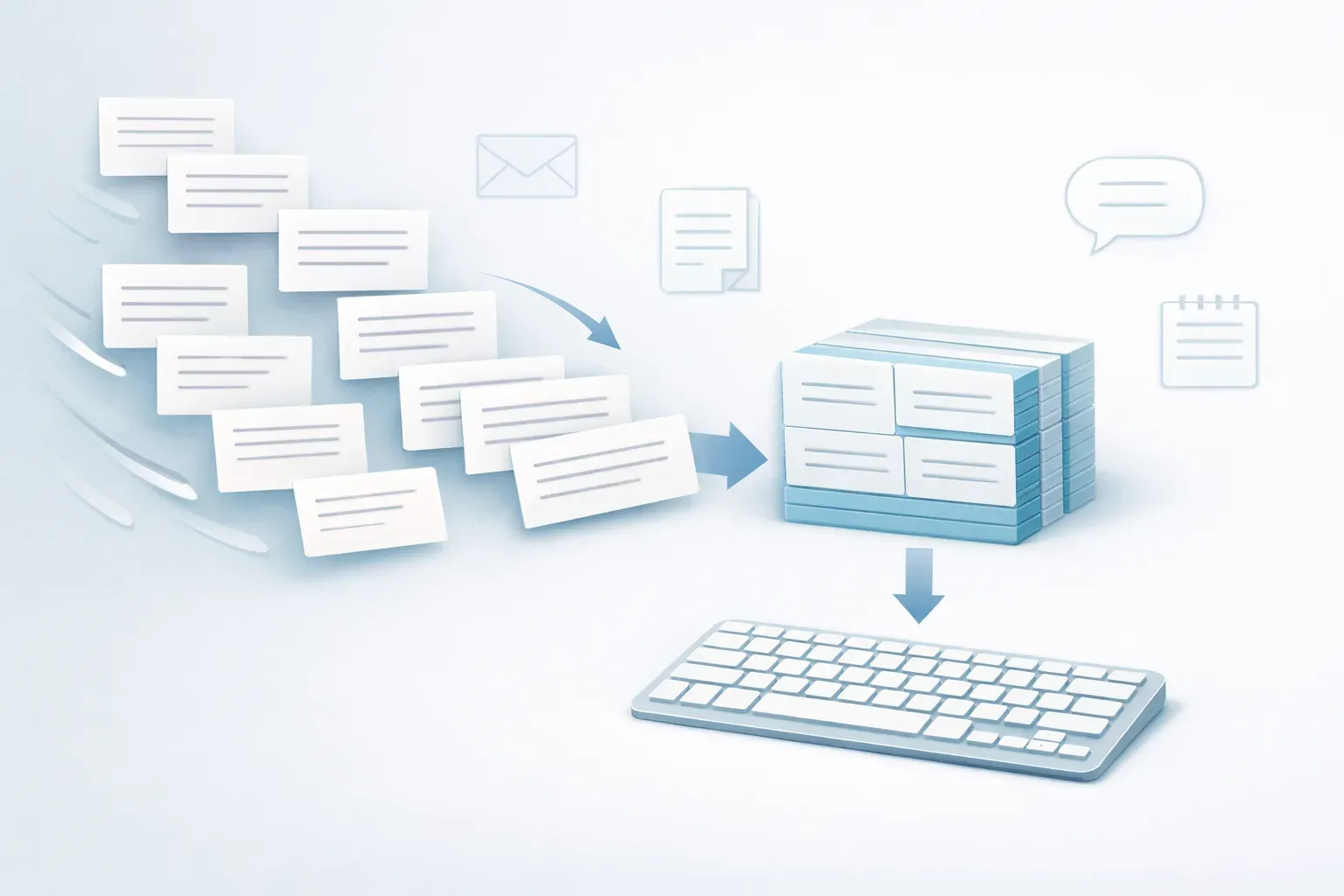 Illustration of reusable text snippets organized beside a keyboard