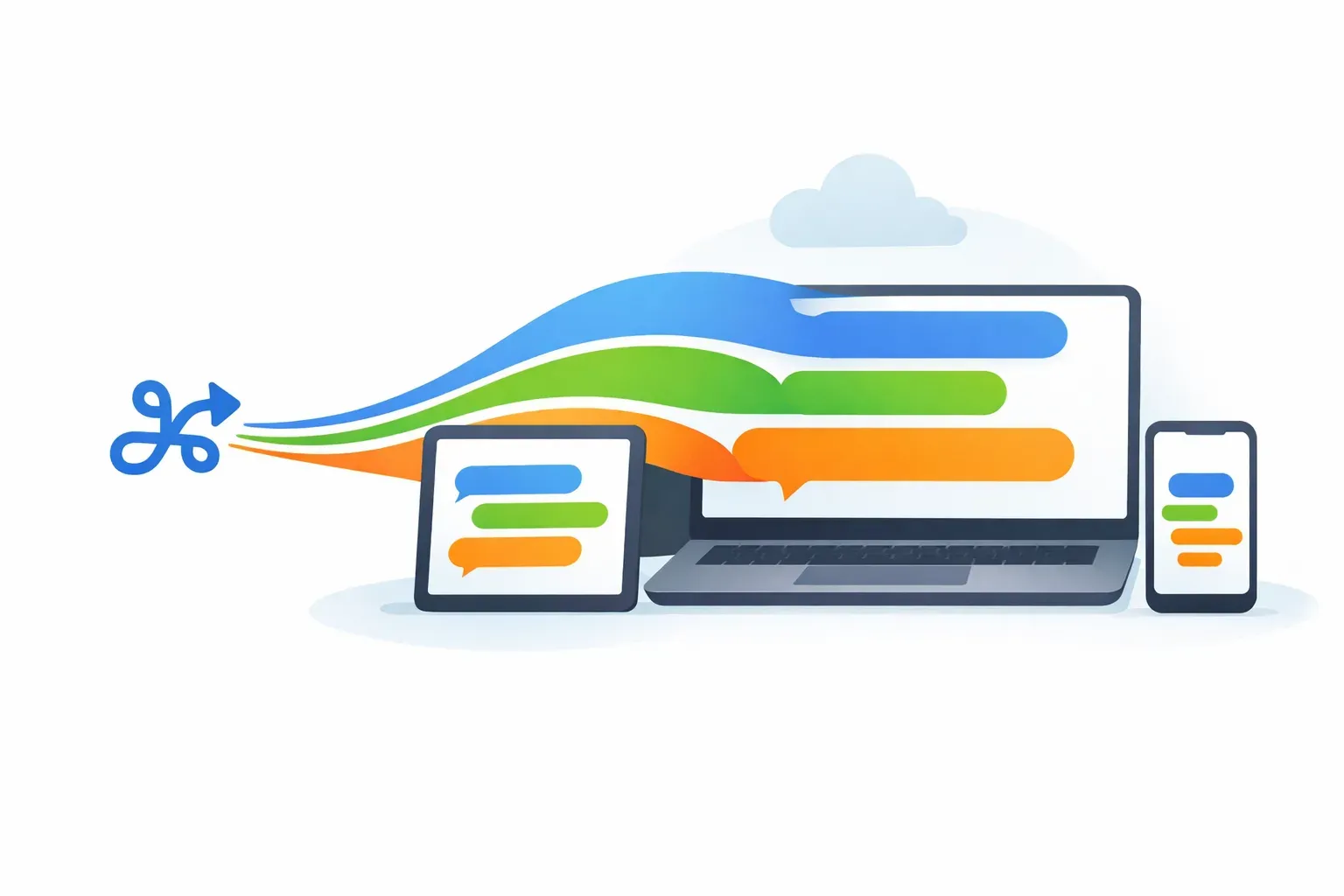 Illustration of a shortcut expanding into reusable messages across devices.