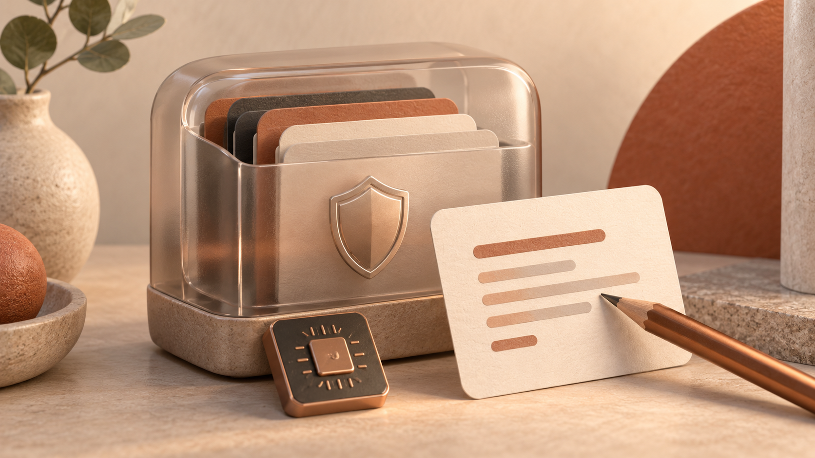 Reusable text cards, a pencil, and an AI processor beside a translucent protective case.