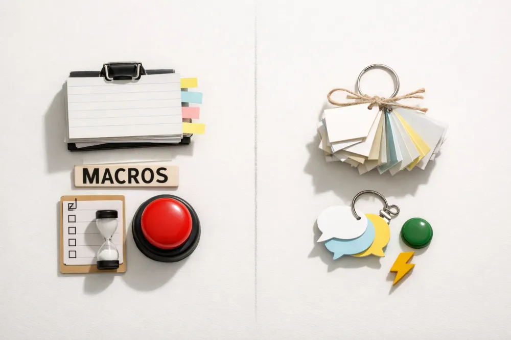 Editorial photograph illustrating Customer Support Macros vs Shared Snippets for Faster Replies