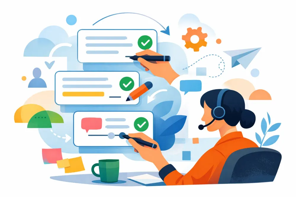 Illustration of a support agent reviewing and personalizing a reusable reply before sending it.