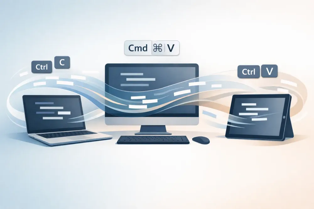 Illustration of reusable text snippets traveling between computers in a cross-platform writing workflow.