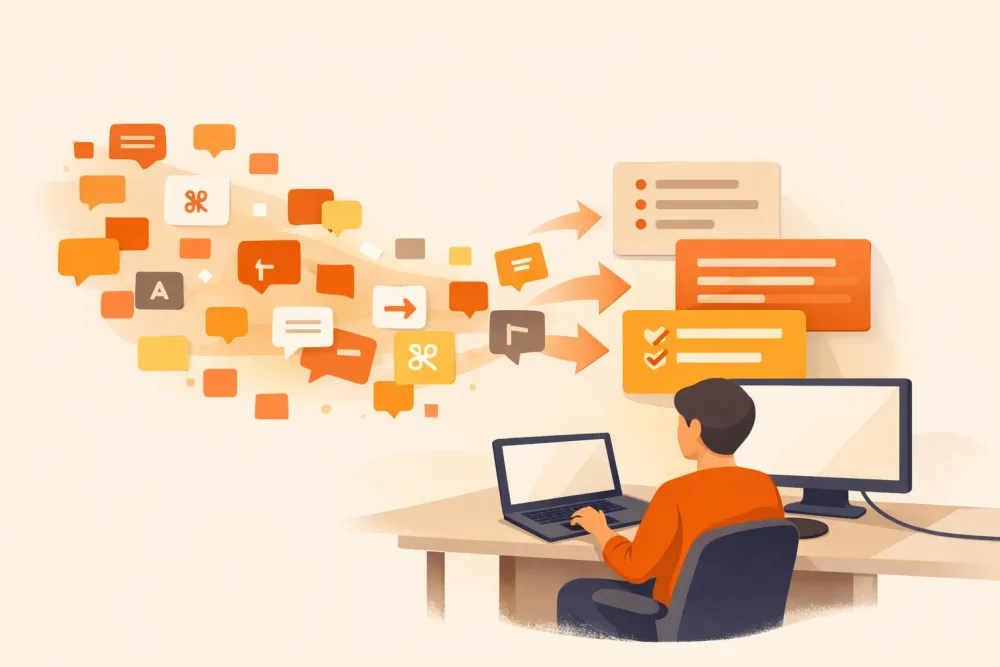 Editorial illustration of reusable text snippets and typing shortcuts helping reduce repetitive writing across devices.