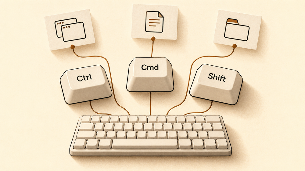 Cream and copper illustration of Ctrl, Cmd and Shift keycaps connecting a keyboard to documents, folders and app windows.