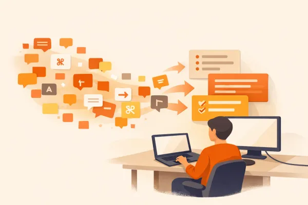 Editorial illustration of reusable text snippets and typing shortcuts helping reduce repetitive writing across devices.