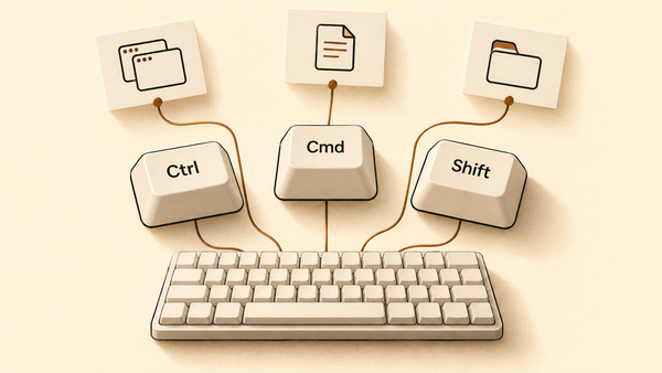 Cream and copper illustration of Ctrl, Cmd and Shift keycaps connecting a keyboard to documents, folders and app windows.