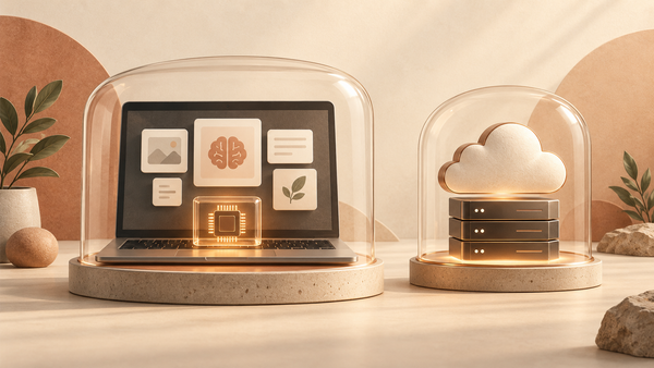 A laptop and a cloud server in separate protective enclosures, illustrating local and hosted private AI.